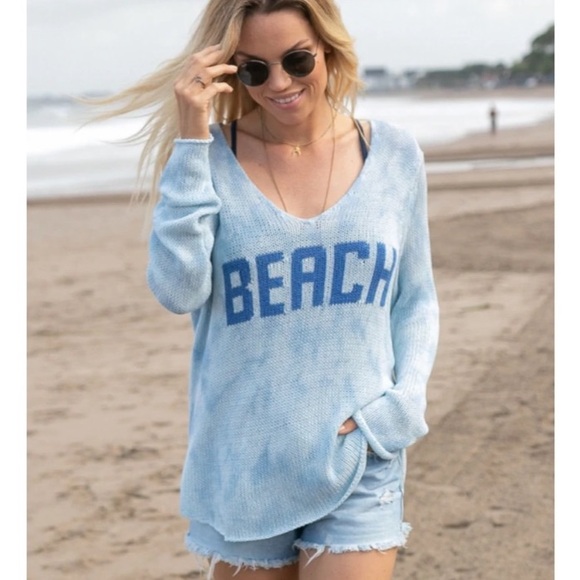 Wooden Ships Beach Lightweight V Neck Tie Dye Blue Sweater Small / Medium - Picture 14 of 14